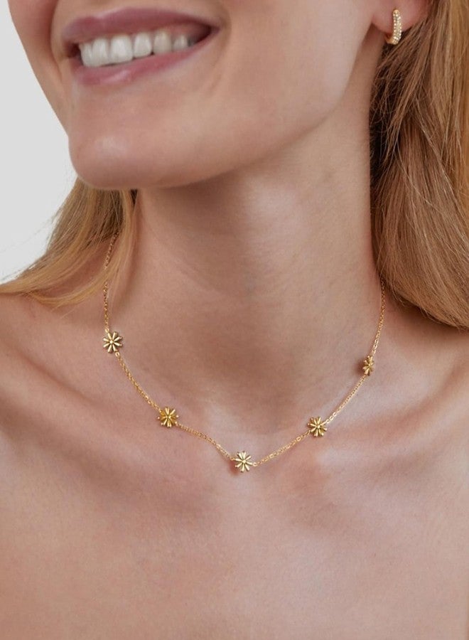Karmiir 18K Gold Plated Daisy Flower Station Necklace for Women - Delicate Titanium Steel Non-tarnish Choker Necklace 16" with Adjustable Chain, Perfect Layering Jewelry - Image 3